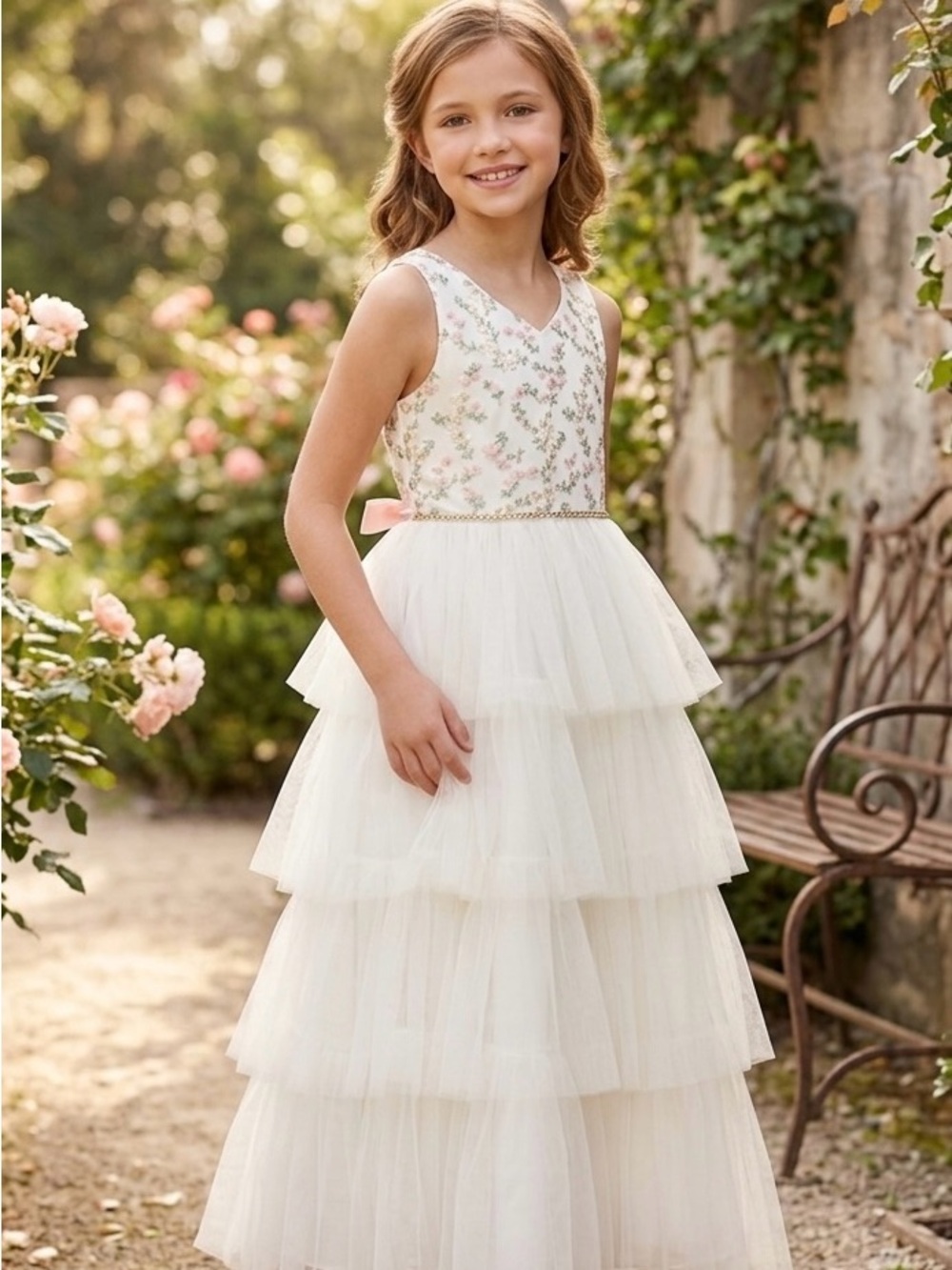 American Princess NWT Cream Floral Embroidered Tiered Tulle Dress